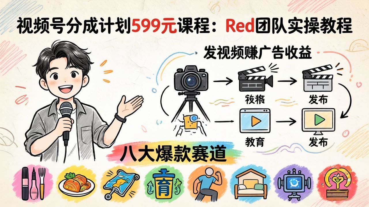 (4.19)视频号分成计划599元课程：Red团队实操教程，发视频赚广告收益，八大爆款赛道全掌握