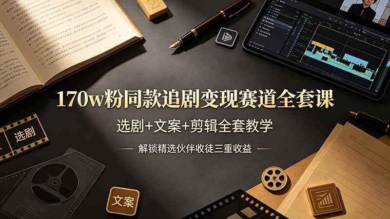 (7.01)170w粉博主同款追剧变现赛道全套课，选剧+文案+剪辑全套教学，解锁精选伙伴收徒三重收益